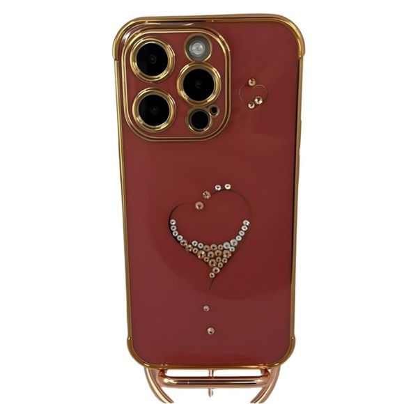 Glamorous Bling: Red Heart iPhone 14 Pro Case w Gold Plating‎ & Camera Protector - Picture 3 of 5
